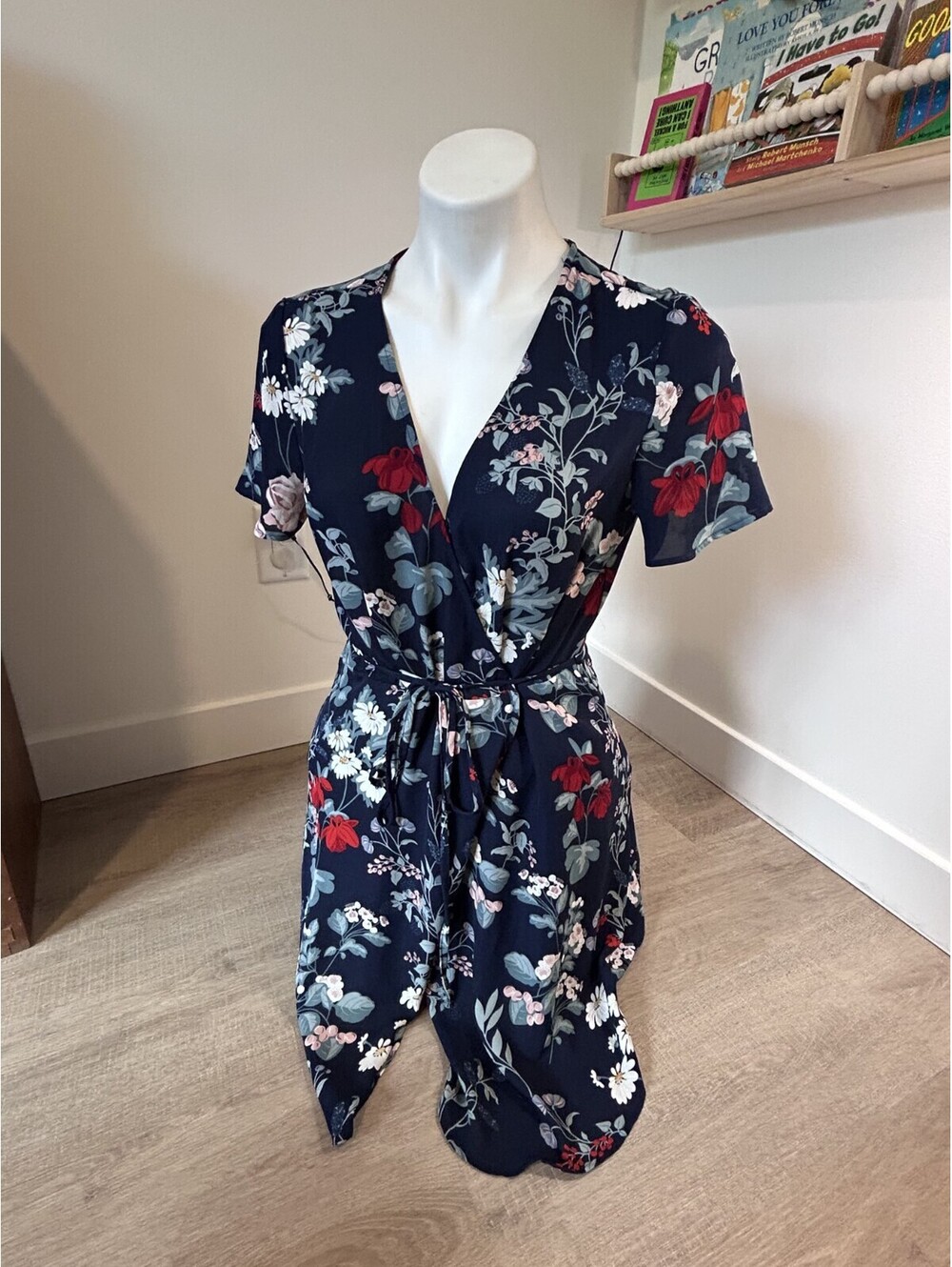 Dynamite navy floral print wrap-style dress